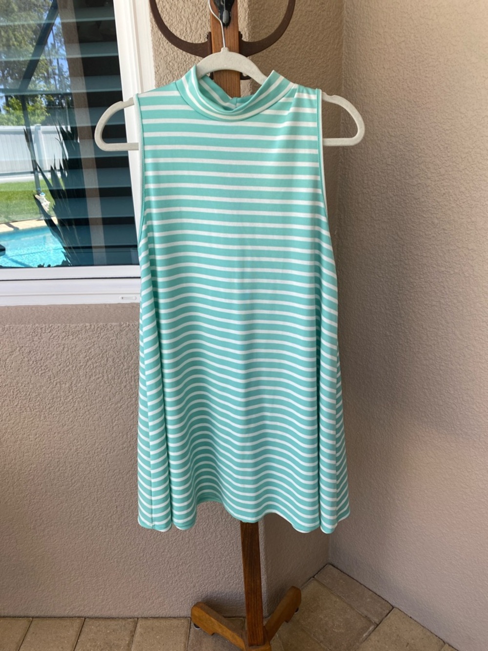 Sleeveless Mock Neck Mint & White Striped Mini Dress